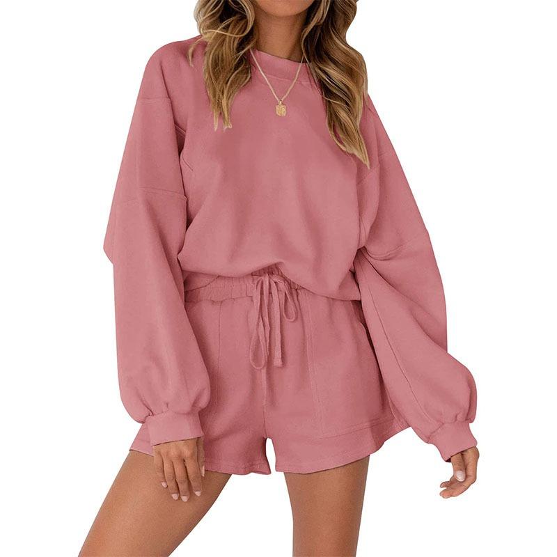 Women Casual Two Piece Sports Set Long Sleeve Top And Shorts