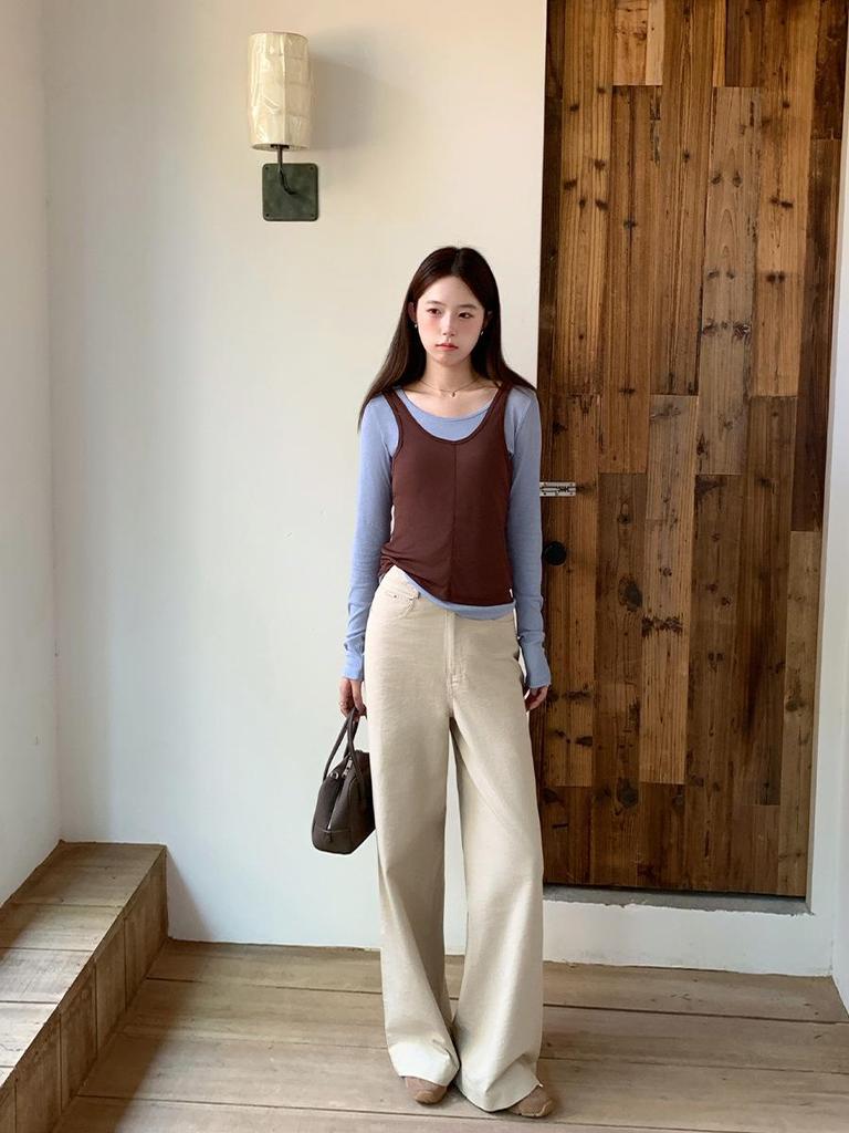 Vision Khaki Women's High-Waisted Straight Casual Pants - Spring 2026 Korean Style Loose Wide-Leg Long Pants