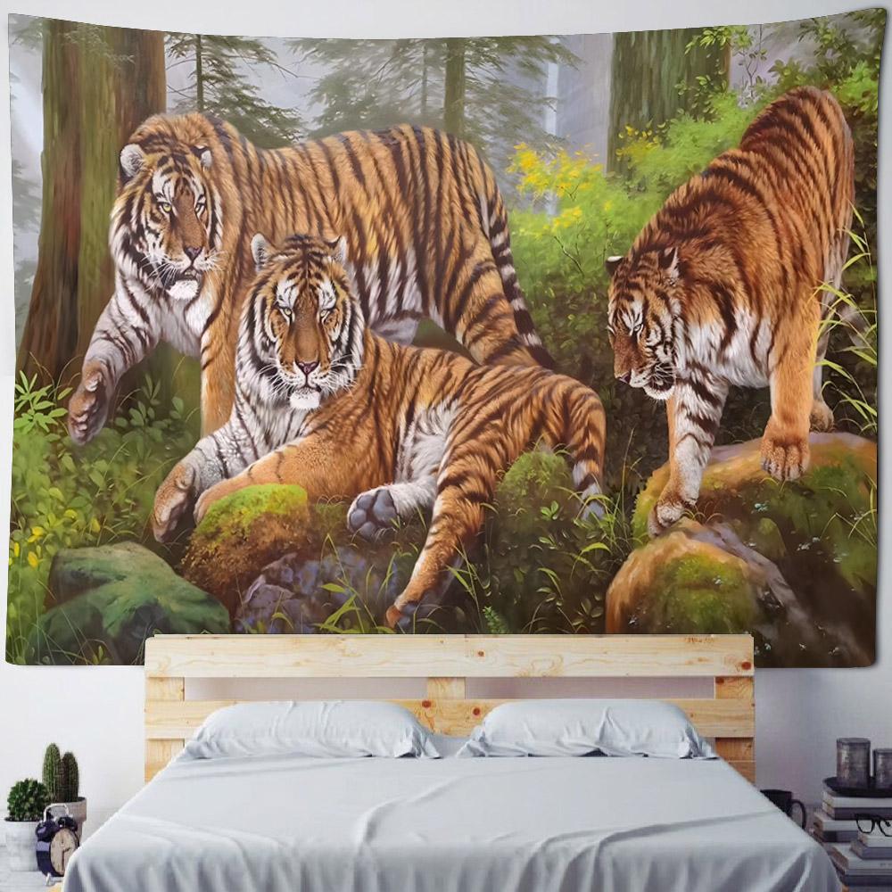 Animal oil painting tapestry, tiger lion elephant wolf, art decoration, wall hanging, hippie, home background cloth, bedroom