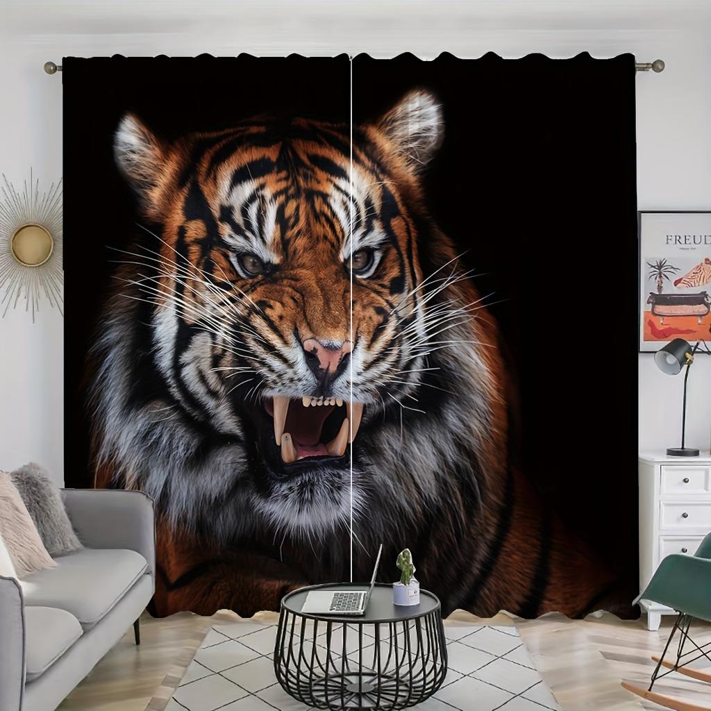2pcs White Tiger Style Printed Curtain For Home Decor Rod Pocket Window Treatment For Bedroom Office Kitchen Living Room Study