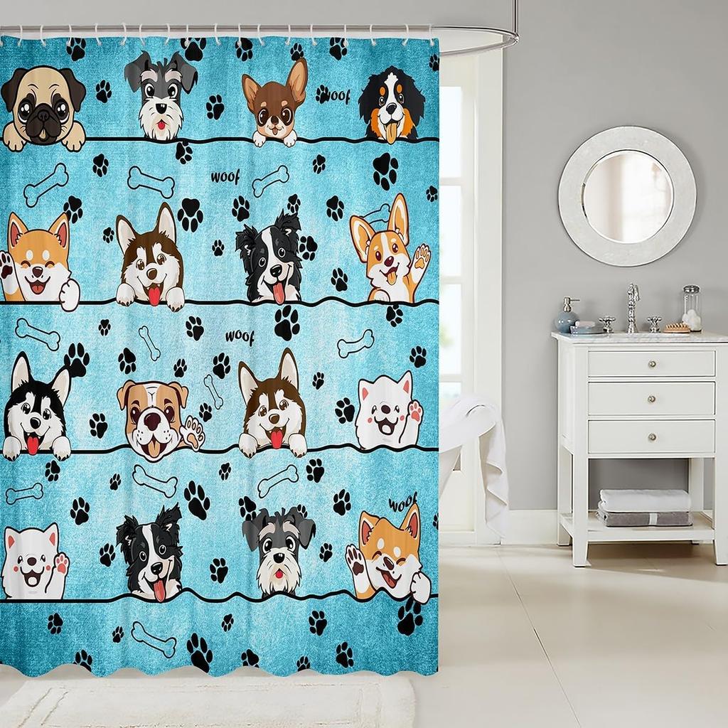 Lovely Dog Shower Curtains,Cute Puppies Cartoon Animal Bath Curtain,Paw Print Blue Cloth Fabric Bathroom Decor Set with Hooks