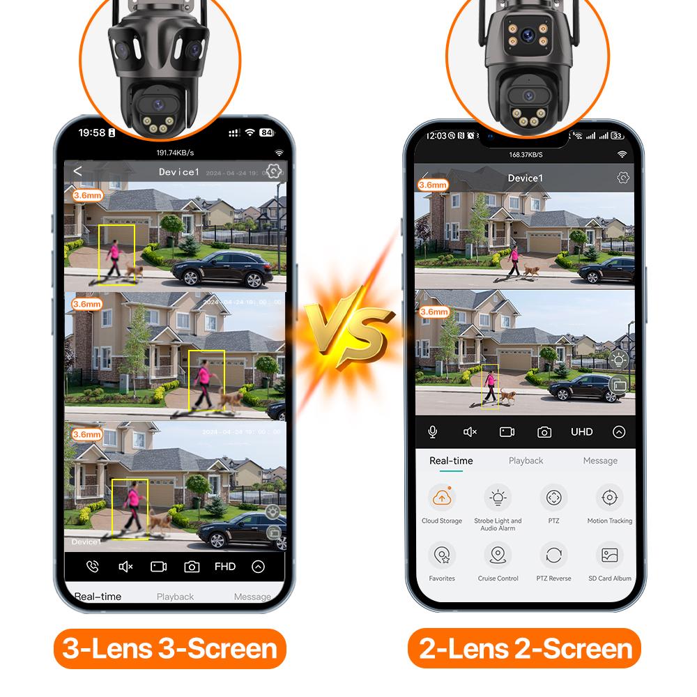 Caméra IP WIFI Trois Écrans Extérieure 4K Double Objectif PTZ Détection Humaine IA Étanche IP66 Caméra de Sécurité Vidéo CCTV iCsee