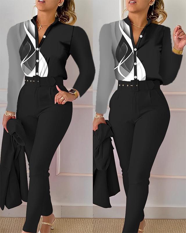 Printed Long-Sleeve Top & Solid Color Pants Suit with Belt