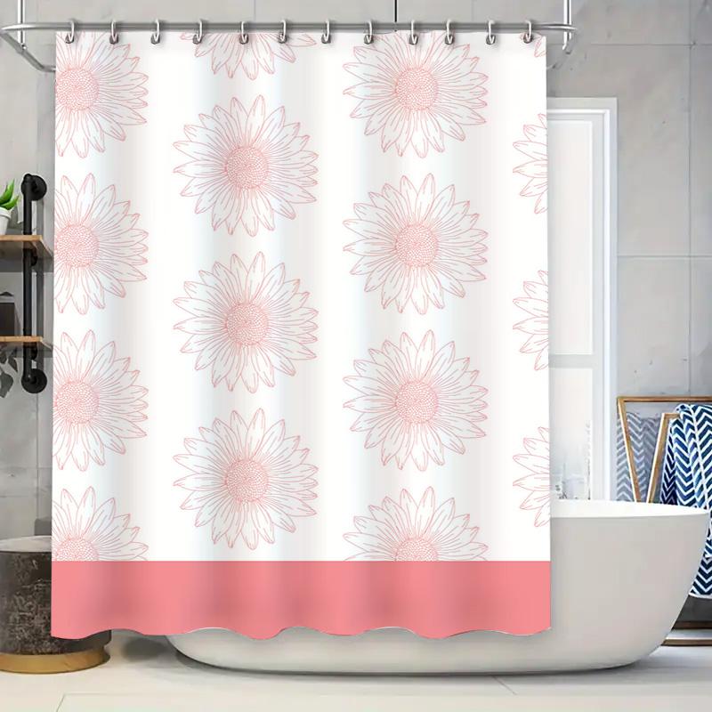 Stylish Floral Print Shower Curtain with Pink Border Bath Decor for Home Use (White)