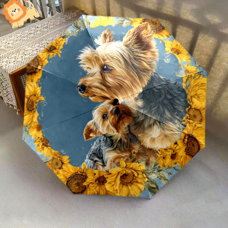 Sunflower Dog Pattern, Automatic Folding Umbrella, Portable and Foldable Design, 8 Ribs, a Christmas or Birthday Gift.