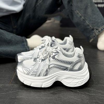 Silver and White Dad Shoes 22 New Spring Thick-soled Heightened and Small and Light Casual Sports Shoes