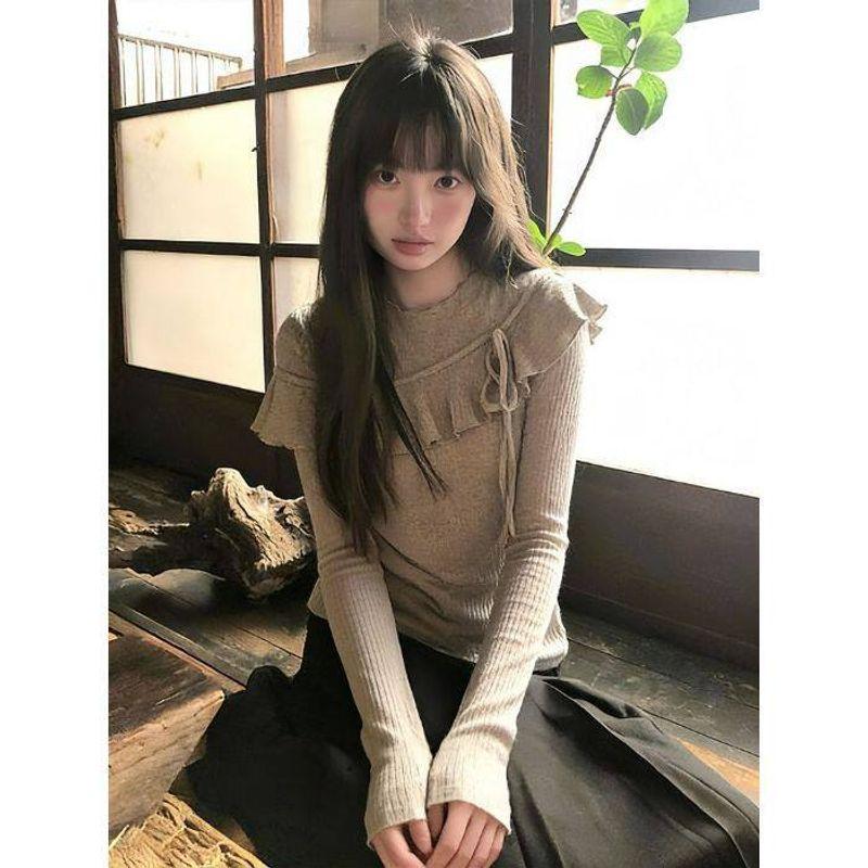

2026 Spring New Style Sweet and Elegant Fake Two-Piece Ruffled Long-Sleeved T-Shirt Solid Color Slim-Fit Top Oatmeal color XL [Excellent Quality]