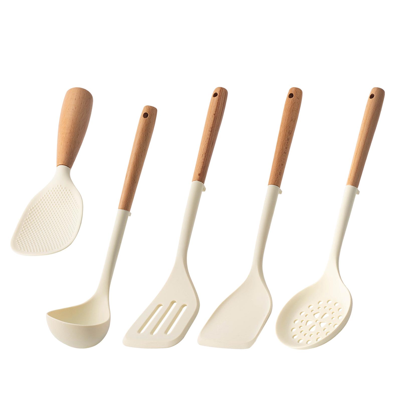 5Pcs Cooking Utensils, Non-Stick Silicone Kitchen Utensils with Wooden Handle, Includes Spatula/Ladle/Slotted Turner/Rice Spoon/Skimmer белый