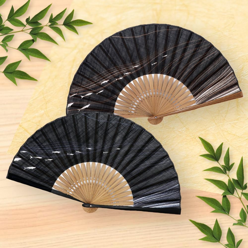 Stylish Business Fan Set with Fan Case and Handkerchief Ripple Pattern [Osaka Choseido] Men's - (Navy)