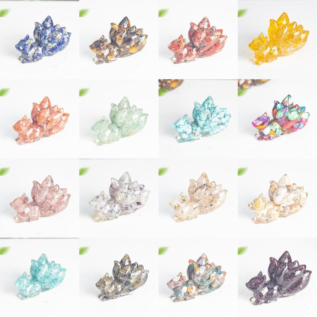 Ninetails Fox Crystal Resin Sculpture With Natural Gemstones For House Office Tabletop Ornament