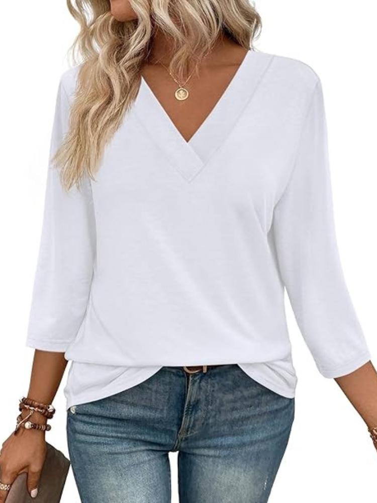 Dámský top s V-výstřihem a 7/8 rukávem, ležérní dámské pletené tričko se zavazováním v pase