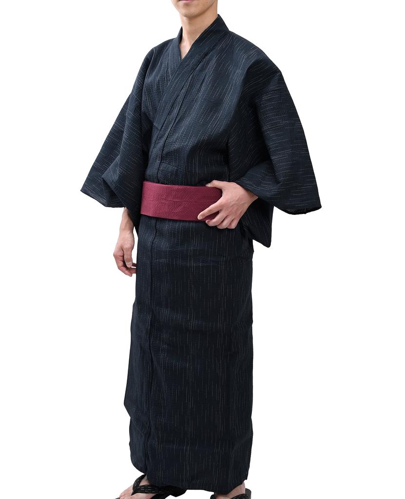 Edoten Shijira Webart Yukata Schwarz Kasuri Muster Weinroter Obi LL Herren 2-teiliges Set, 703, 753,
