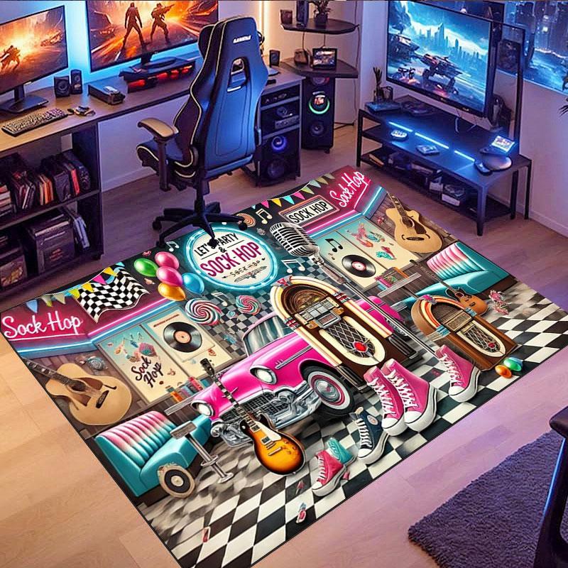 Retro Car & Rock Bar Themed Rug, non-slip rug, suitable for living room, bedroom, game room, computer room and home décor.