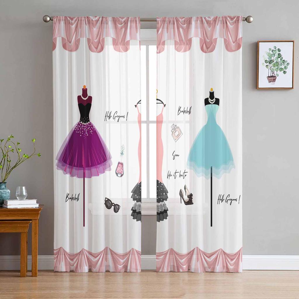 Butterfly Girl Bicycle Flower Pink White Chiffon Sheer Curtains for Living Room Bedroom Decoration Window Voiles Tulle Curtain
