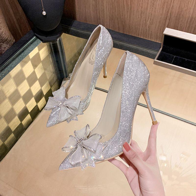 women cute high quality spring & summer bow tie silver wedding high heel shoes lady classic golden heel pumps zapatos ga682