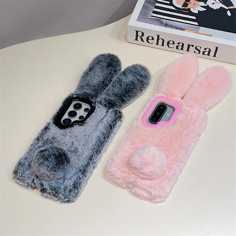 Luxury 3D Rabbit Ears Warm Furry Plush Phone Case For Samsung Galaxy S23 S24 S25 S26 Ultra Plus A56 A54 A55 A36 Shockproof Cover Camera Frame Stand