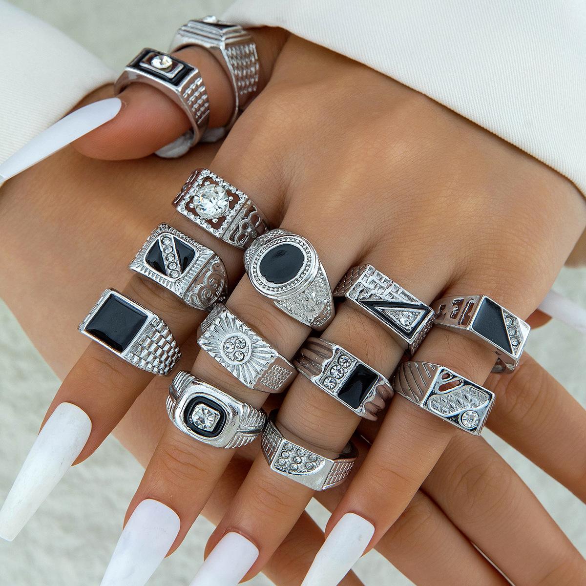 

13Pcs Set Gothic Retro Punk Enamel Oil Drop Rhinestone Square Rings for Men Women Vintage Jewelry Accessories Party Gifts