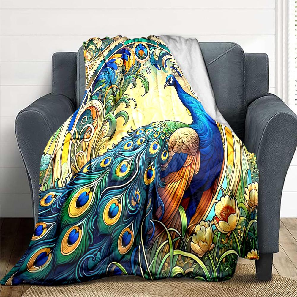 1pc Peacock Garden Lightweight Flannel Blanket, Comfortable and Warm Blanket, for Office and Camping Sofa Bed, Livingroom194