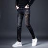 Men's European Black Embroidered Slim Fit Elastic Jeans