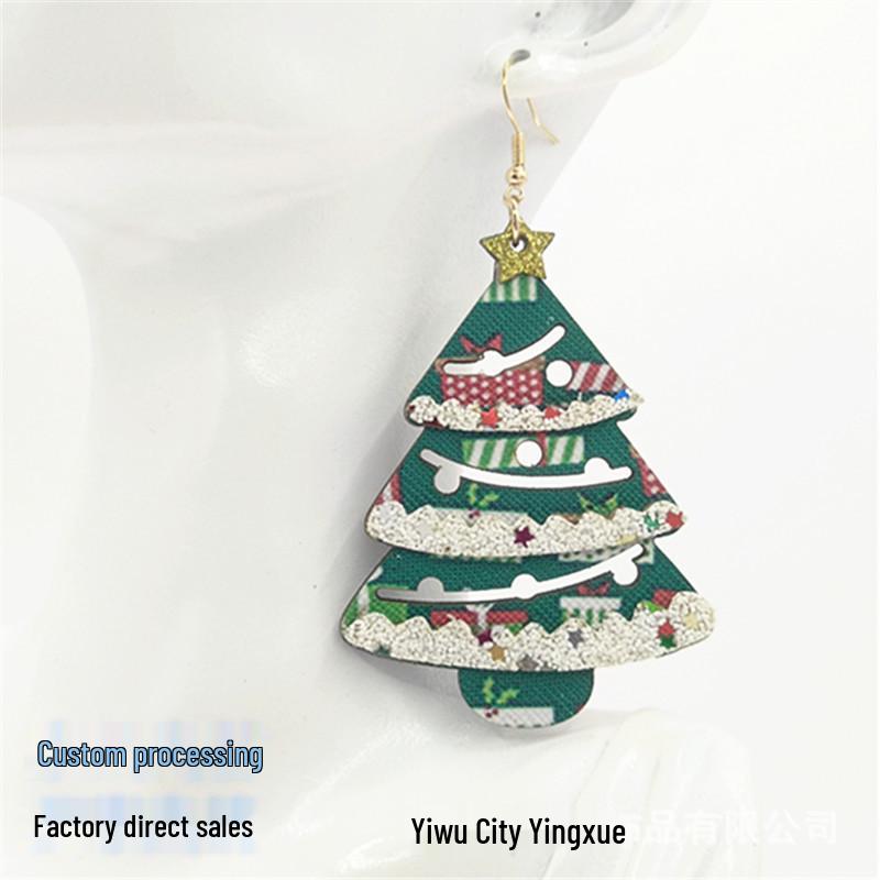 European and American Cross-border Wooden Double-layer Christmas Tree Earrings