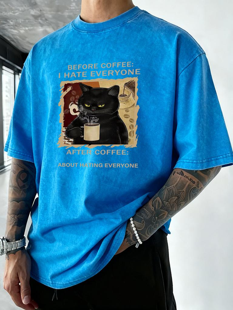 Cats Love To Drink Coffee Print Men Washed TShirt Casual Loose T Shirts Summer Cotton Streetwear Soft Breathable Short Sleeve