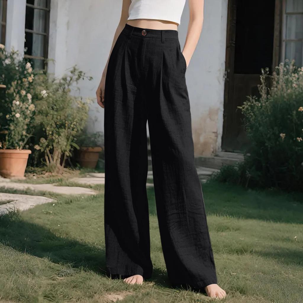 Women’s Beach-Style Cotton-Linen Casual Trousers: Wide-Leg, Loose-Fit Long Trousers