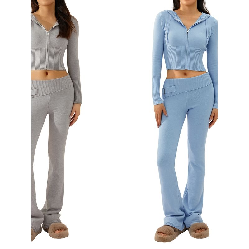 European and American New Knitted Hood Set Women Clothes Fashion Sexy High Waist Long Sleeve Trousers Two-piece Set