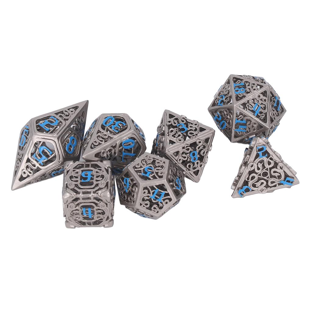 7pcs Hollow Dice Set Brass Rolling Beautiful Polyhedron Dices with Blue Numbers for Games