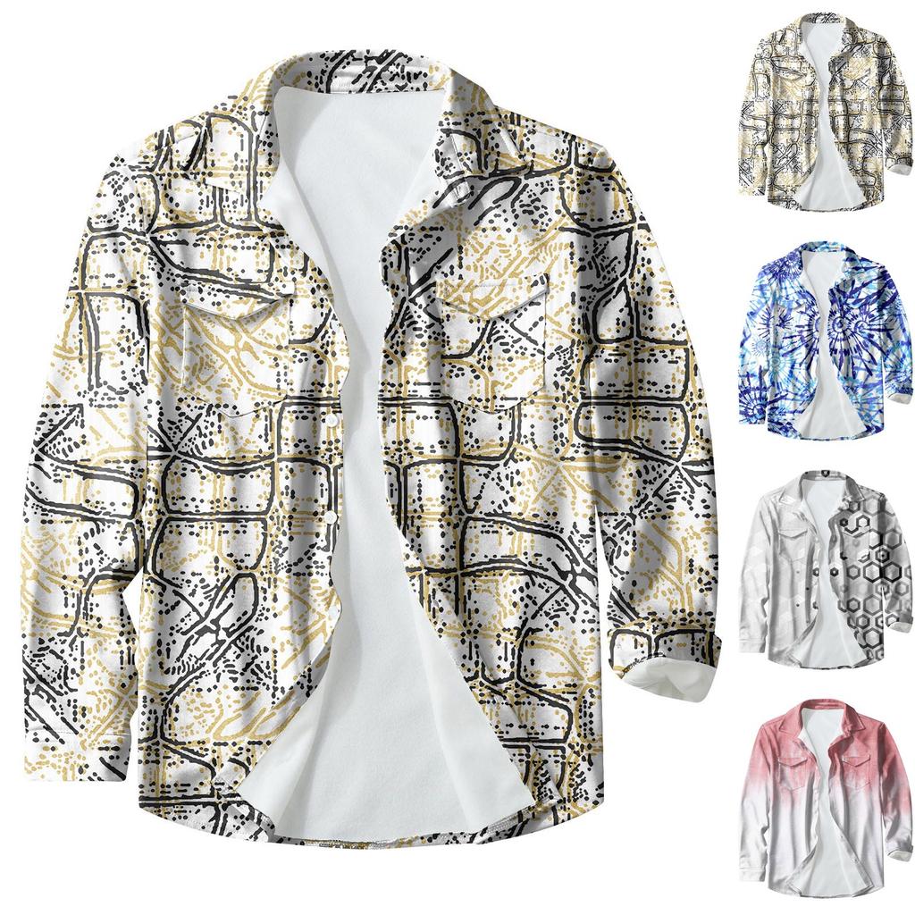 Pánská módní ležérní bunda s klopou na knoflíky a dlouhým rukávem s potiskem cardigan