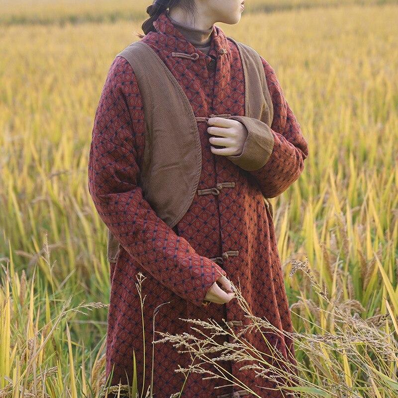 Johnature Dámské parky v čínském stylu Stojáček Dlouhý rukáv Teplé zimní kabáty Potisk Květinová patchworková dámská parka