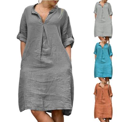 Women's Cotton Linen Casual V-Neck Discount Long Sleeve Dresses