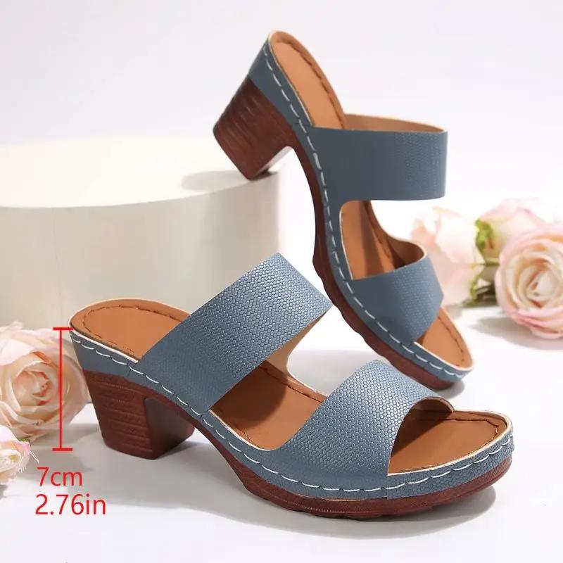 Fashion Vintage Open Toe Outside Slippers Women 2025 Summer High Heels Comfortable Sandals Women Classic Blue Back Strap Daily Shoes