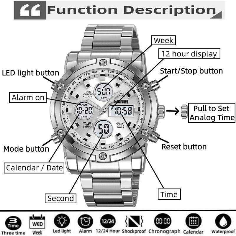 Skmei Military Sports Watches for Mens Analog Digital Display LED Waterproof Chronograph Three Time Zones Quartz Calendar Watch