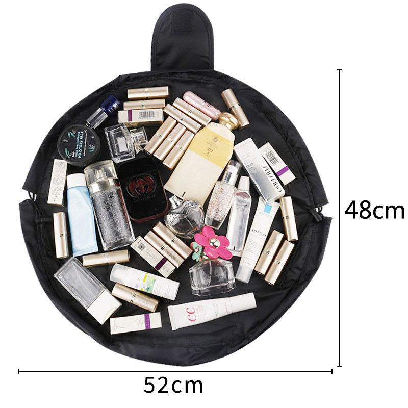 Glossy Black Large Drawstring Makeup Bag, High-Quality Portable Travel Cosmetic Organizer for Women