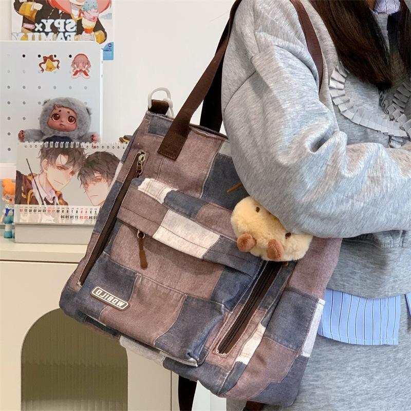 College Style Fashion Plaid Messenger Bag Large Capacity Casual Shoulder Women's Bag Korean Version Student Portable Tote Bag