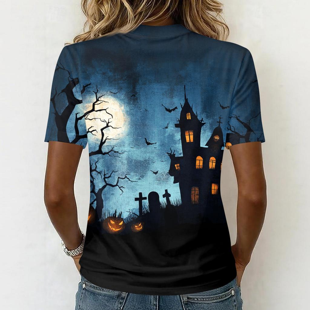Damska casualowa koszulka z krótkim rękawem i dekoltem w serek, pulower z nadrukiem na Halloween, koszulka z grafiką o tematyce Halloween