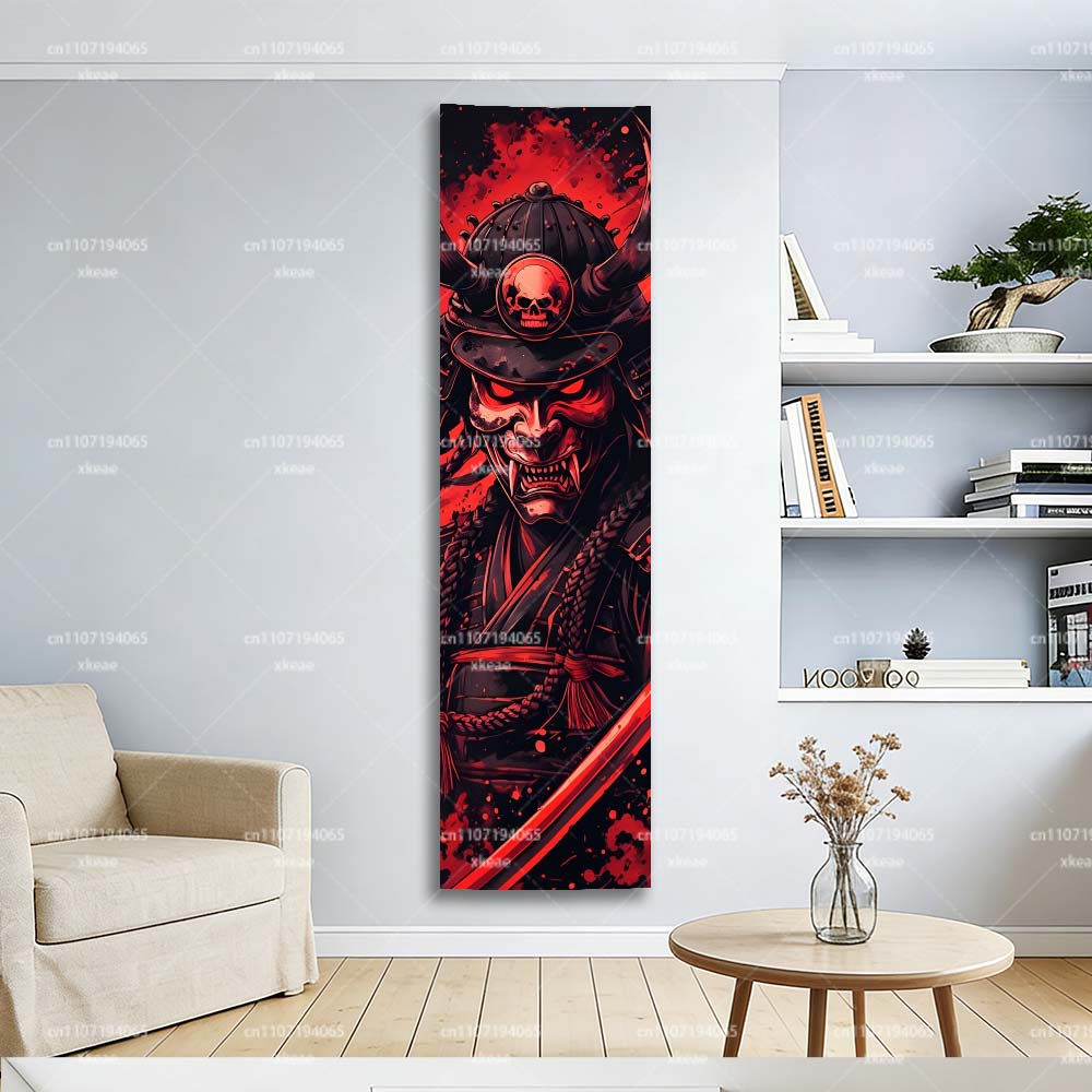 Japanese Samurai Oni Mask Tapestry, Red Demon Vertical Wall Hanging, Cool Anime Art Decor