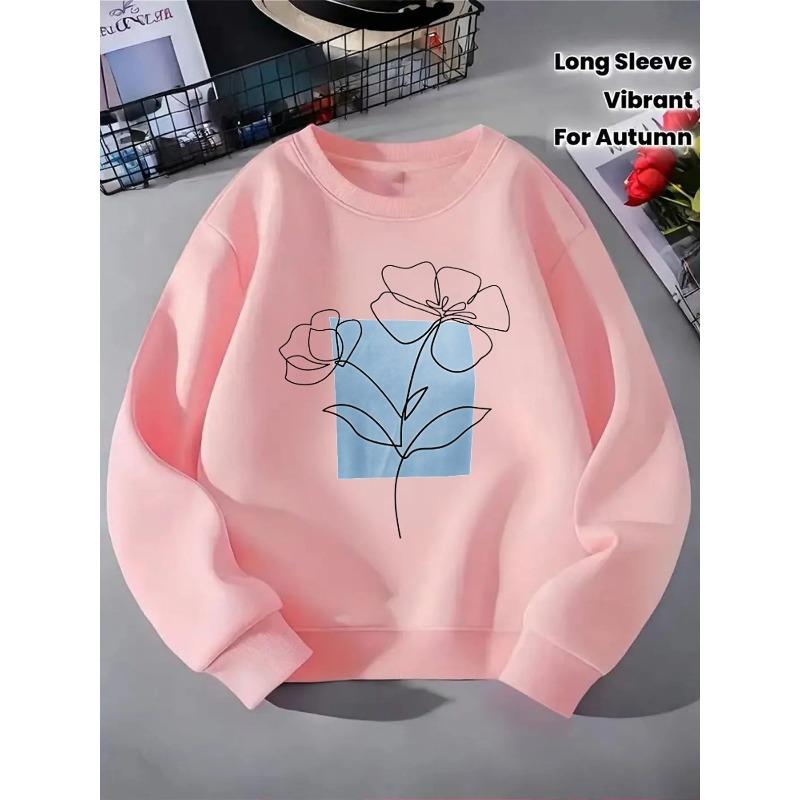 Girls' Crewneck Sweatshirt - Simple Line Flower Design with Blue Machine Washable, Spring And Autumn