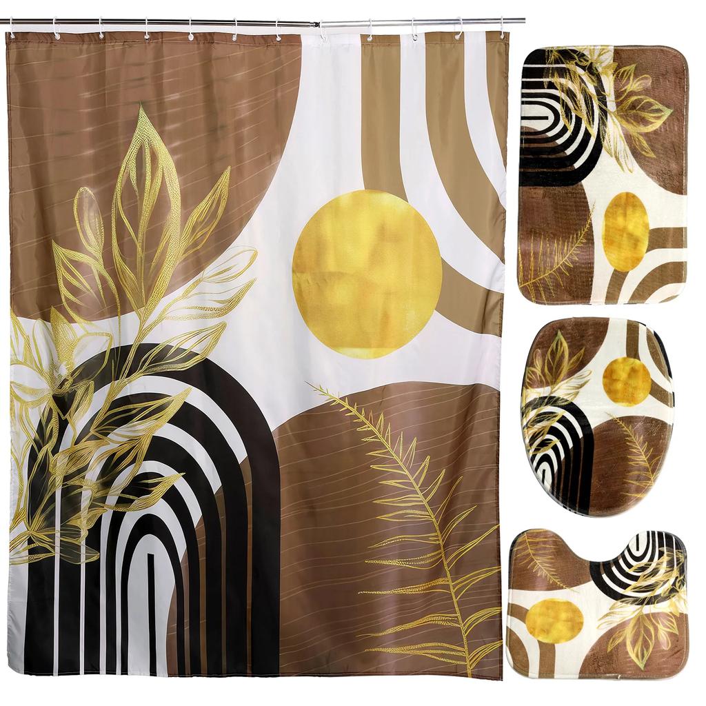 4 Pcs Set Vintage Bath Curtain with Hooks and Rugs Bath Mat U Shape Toilet Lid Cover Mat Waterproof Non Slip for Multiscene