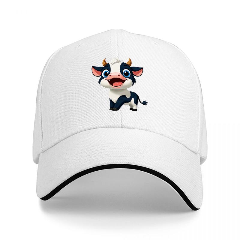 Cute Cow Cartoon Character Baseball Cap Black Adjustable Hat for Adults Fashionable Animal Design Unisex Streetwear Accessory