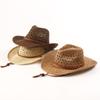 Hand Woven Panama Straw Cowboy Hat Bohemian Beach Sun Hat UV Protection Windproof Cowboy Straw Hat