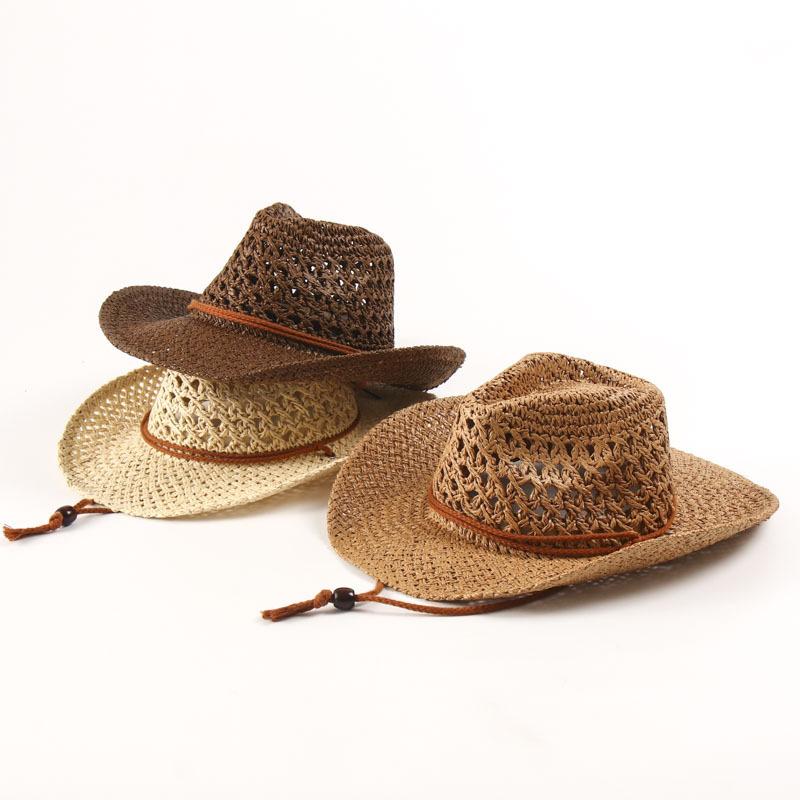Hand Woven Panama Straw Cowboy Hat Bohemian Beach Sun Hat UV Protection Windproof Cowboy Straw Hat