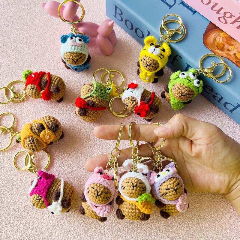 Hand Woven Cross Dressing Capybara Doll Yarn Crochet Capibala Keychain Mini Bag Car Keychain Handmade Pendant Ornament