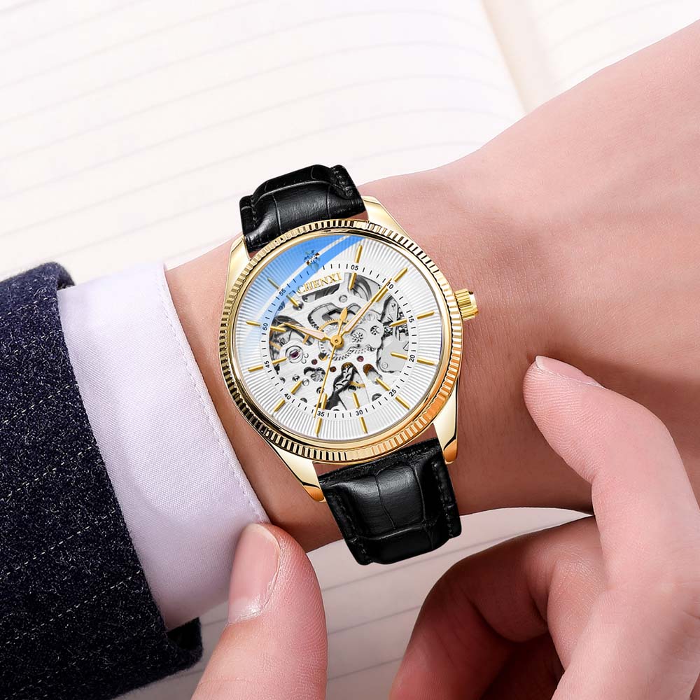 CHENXI Men's Mechanical Watches Automatic Skeleton Men's Watch Minimalist Business Style with Leather Strap Relojes Para Hombres