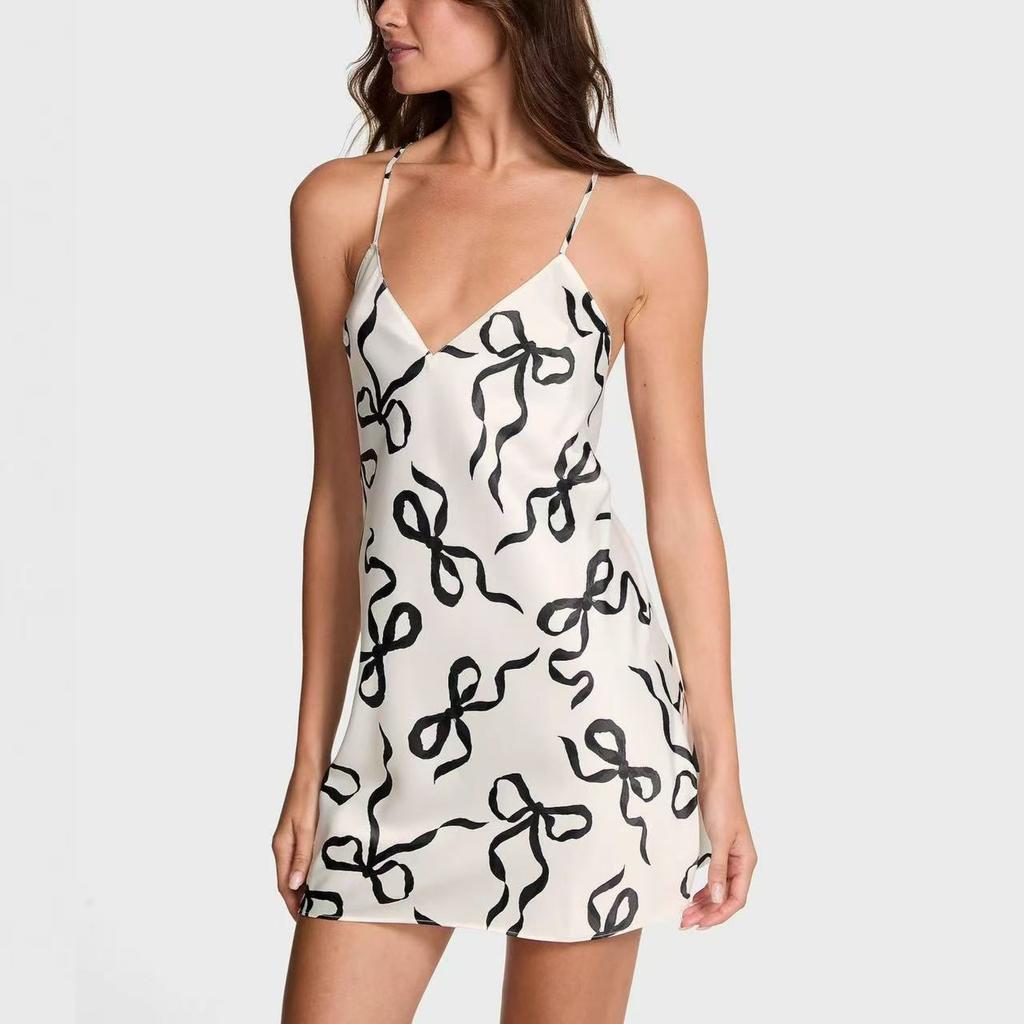 European and American Cross Sexy Ice Silk V-neck Suspender Nightdress Sexy Split-ended Dress Comfortable Women's Suspender Pajamas