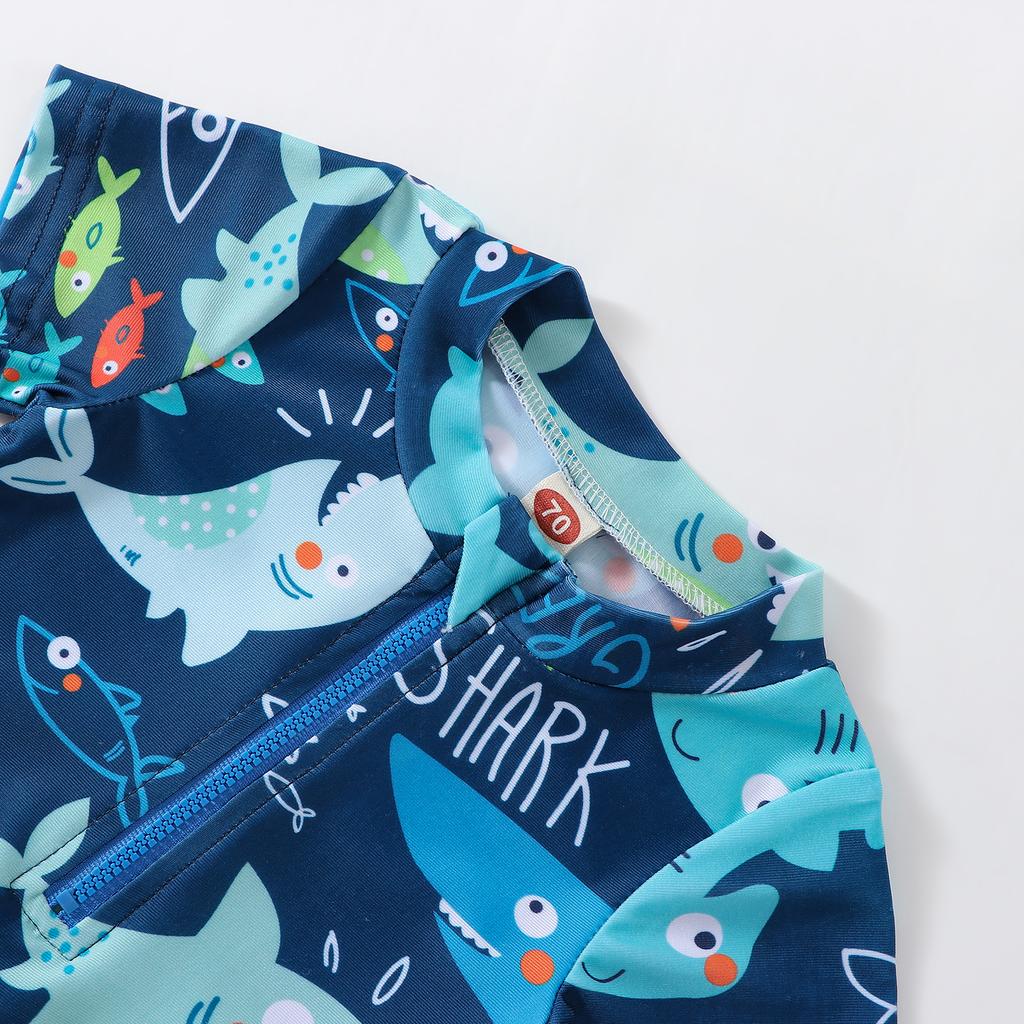 Kids Boys Summer Swimsuit Casual Shark Printed Short Sleeve Zipper Jumpsuit Swimwear Beachwear