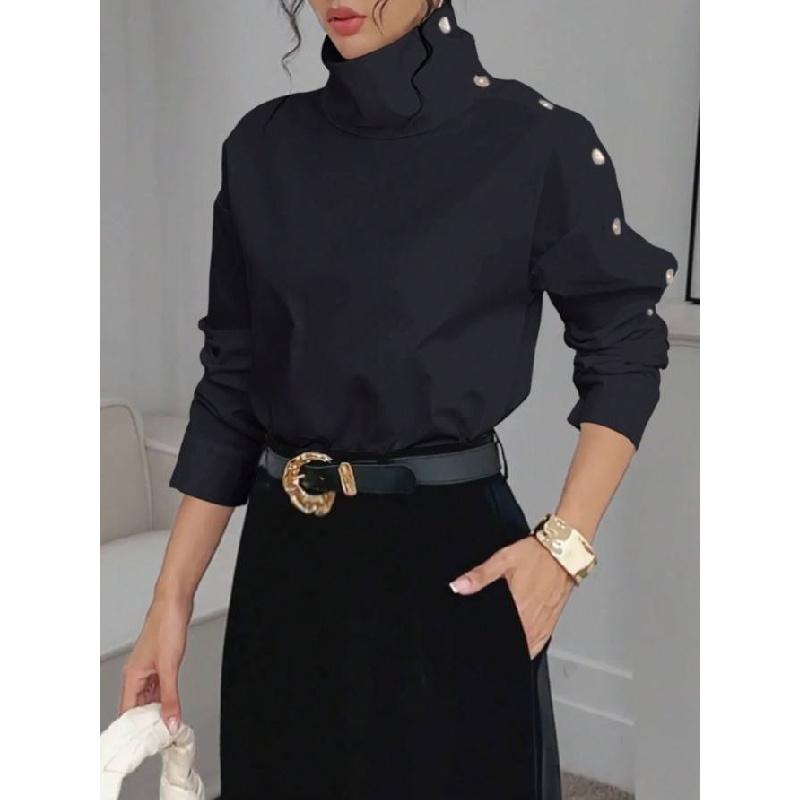 2026 New Elegant High Collar Metal Buckle Off-Shoulder Shirt Top for Women