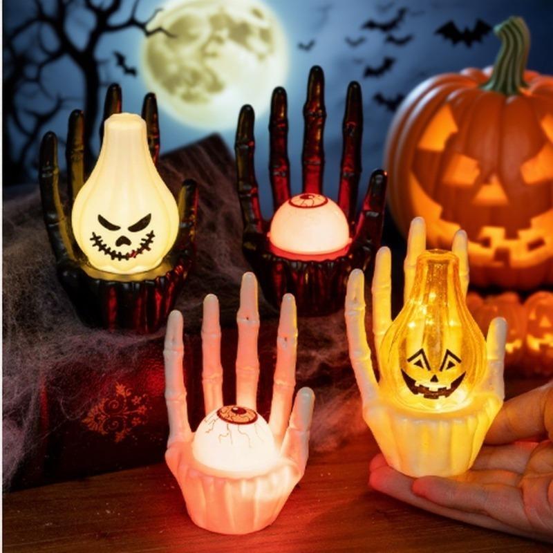 1-10PC Lighted Halloween Ghost Hand Holding Eyeball Pumpkin Battery Operated Lamp Scary Haunted House Trick or Treat Party Decor