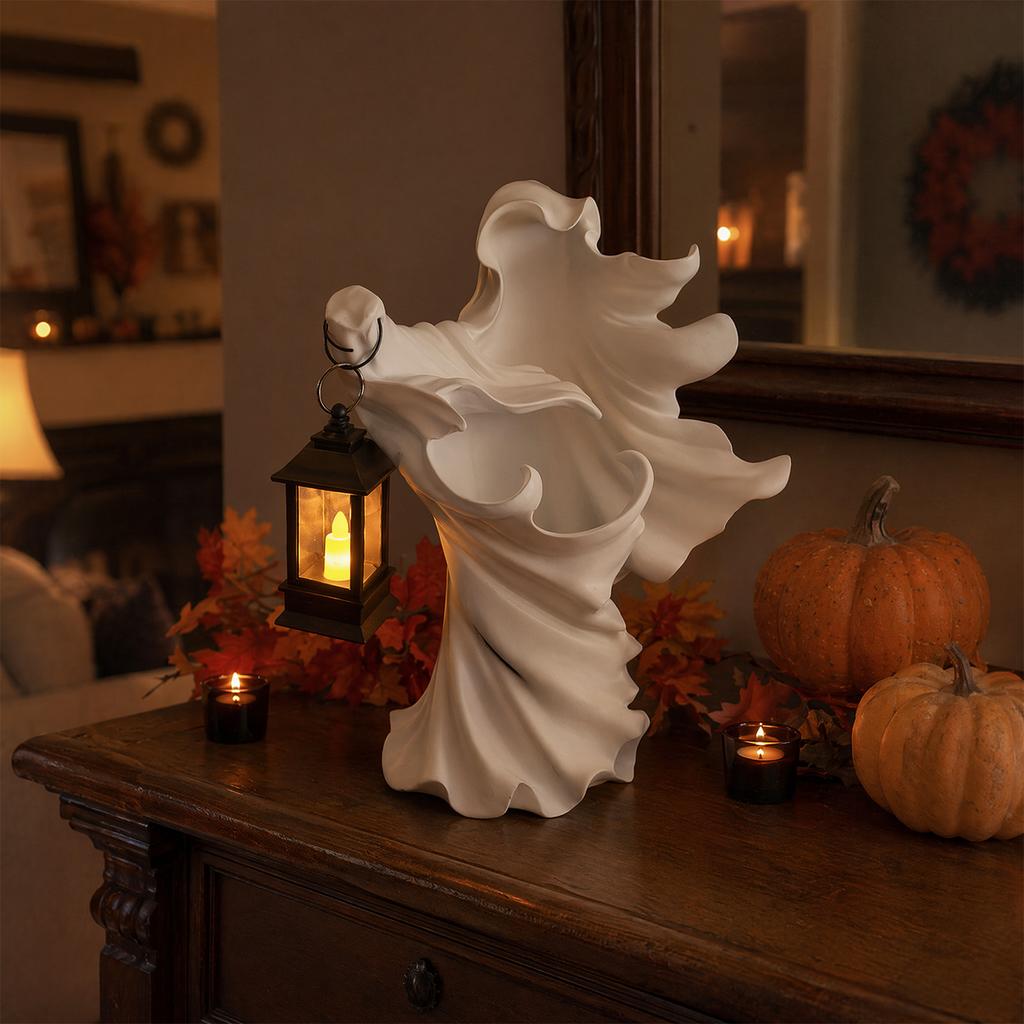Resin Halloween Ghost Statue with Lantern Spooky Playful Halloween Decoration Faceless Ghost Sculpture Gift for Fireplace Mantel