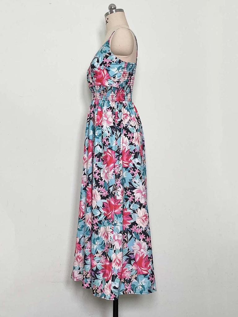 2023 Summer Bestseller: Women's V-neck Spaghetti Strap Print Dress - European & American Style, Waist-Cinching Design